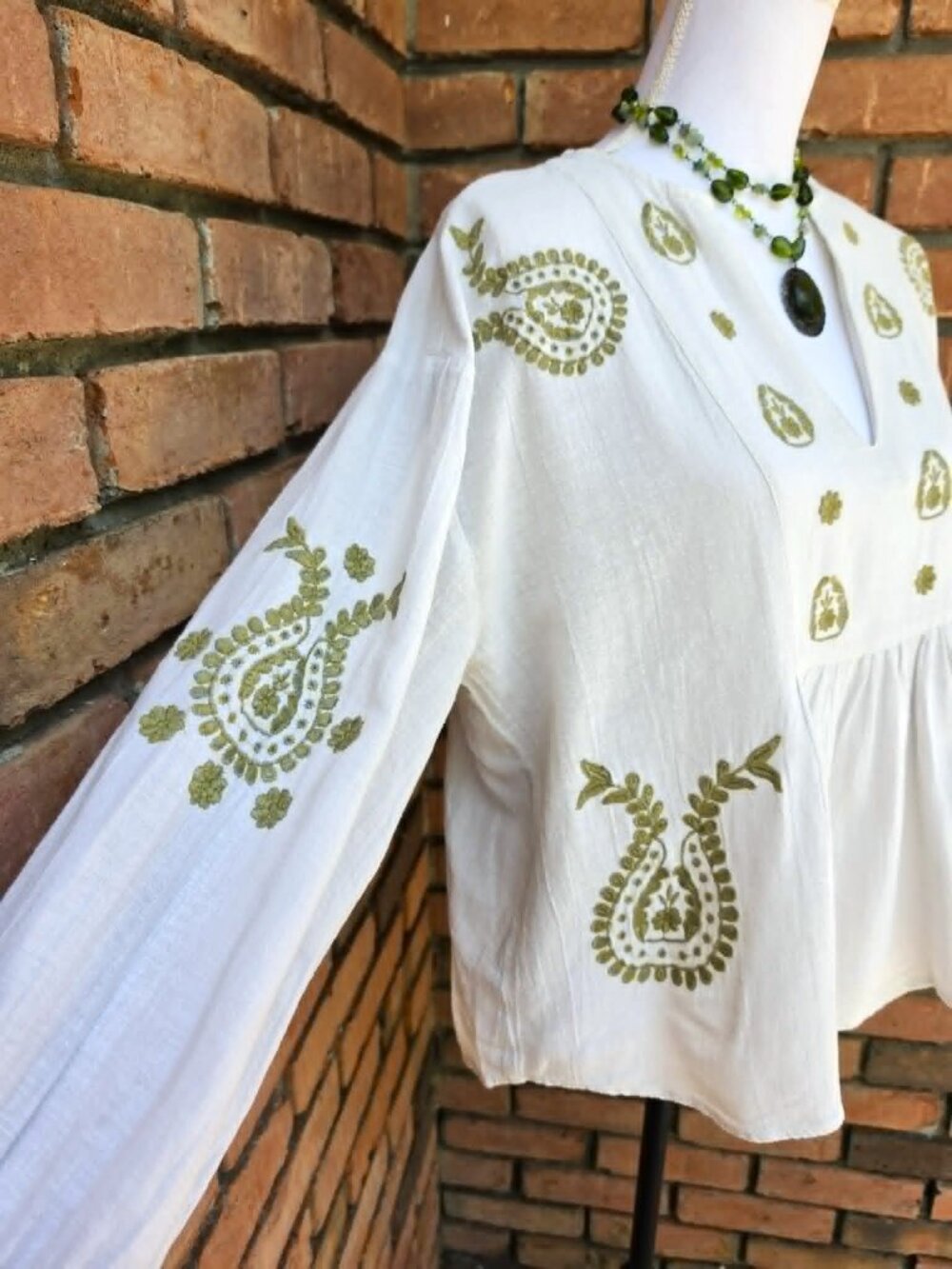 Zara Ivory Embroidered Boho Blouse Olive Green Peasant Top Flowy Sleeve Medium - Picture 4 of 12
